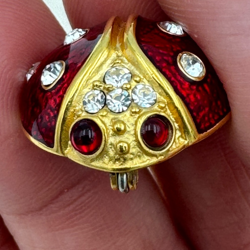 Vintage Signed Krementz‎ Red Enamel Ladybug Brooch Gold Crystal